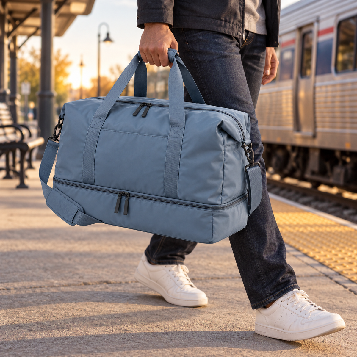 Dusty Blue Weekender Duffel with Shoe Compartment