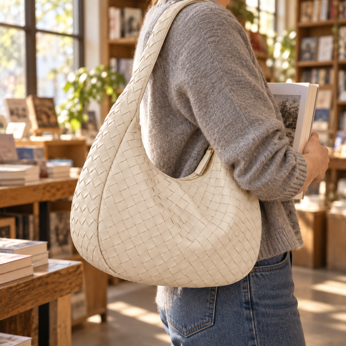 Cream Woven Hobo Shoulder Bag