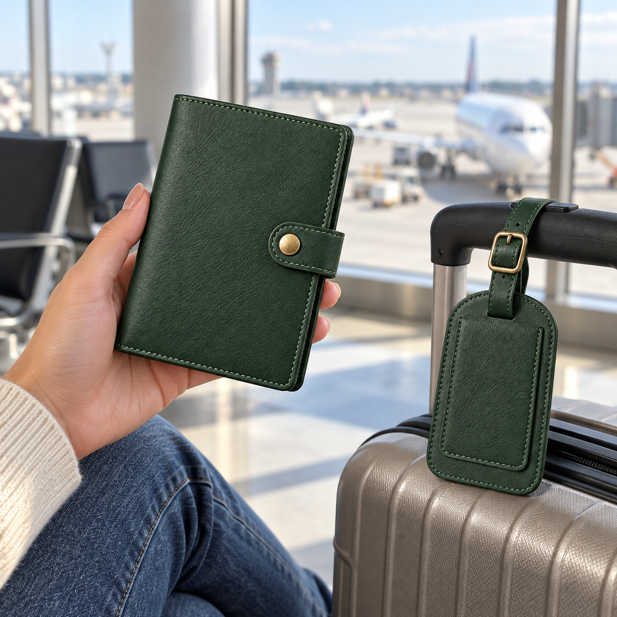 Forest Green Passport Wallet and Luggage Tag Set