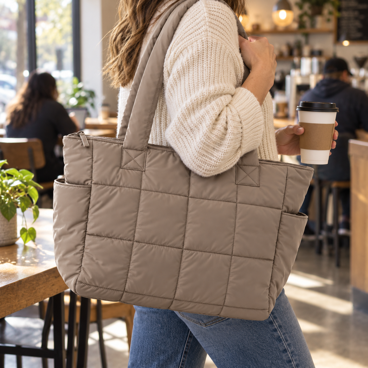 Taupe Quilted Puffy Tote