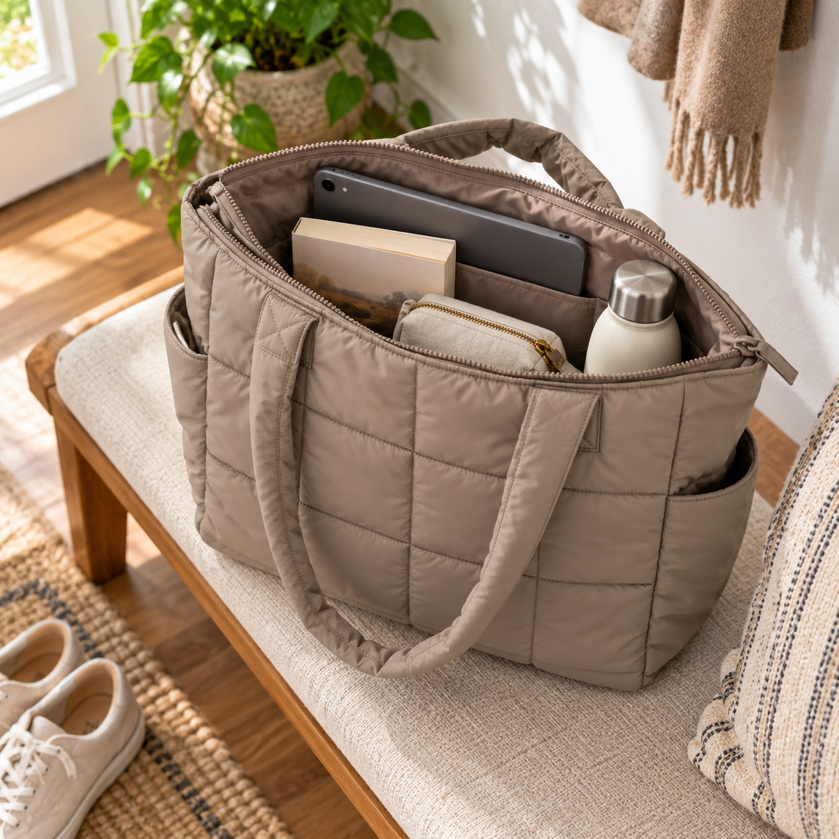Taupe Quilted Puffy Tote