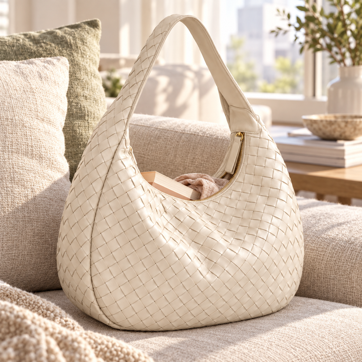 Cream Woven Hobo Shoulder Bag