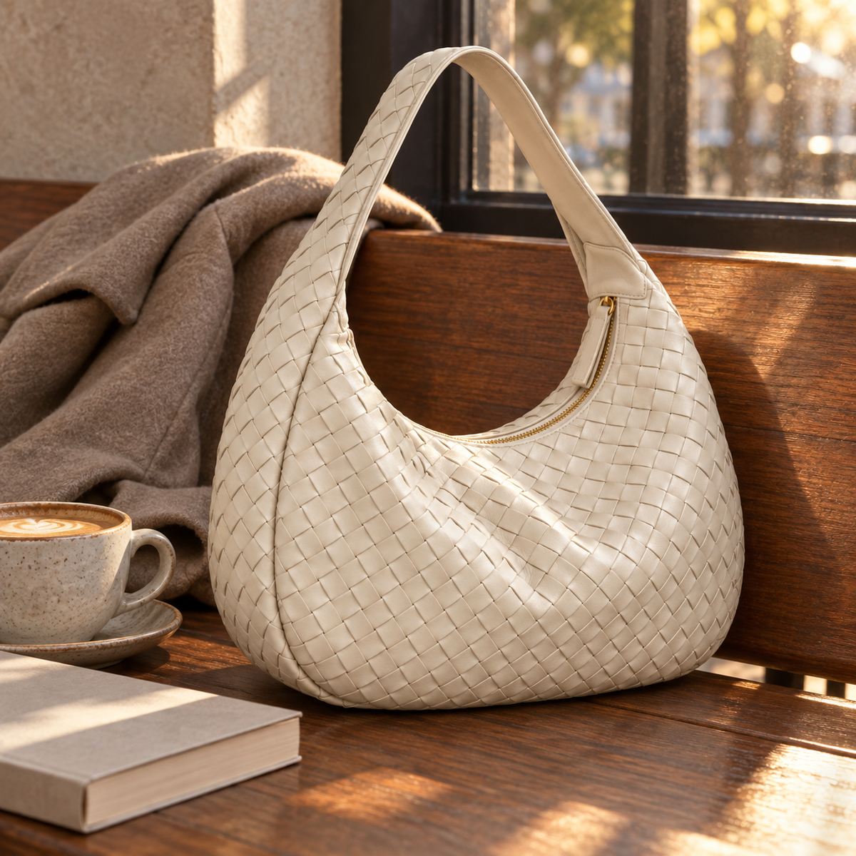 Cream Woven Hobo Shoulder Bag