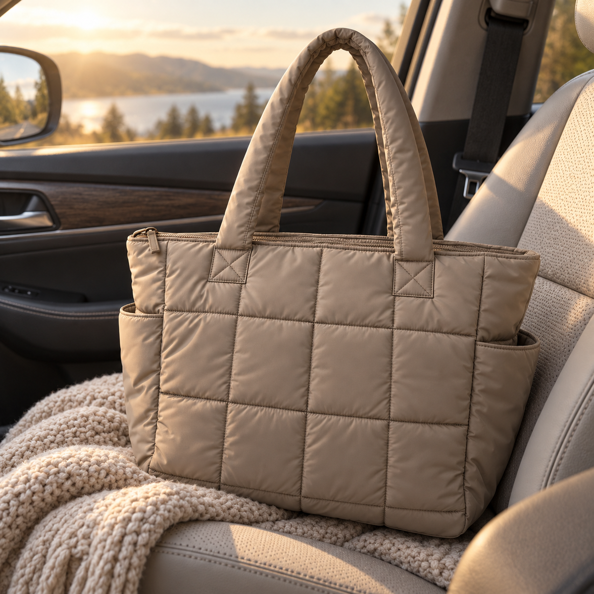 Taupe Quilted Puffy Tote