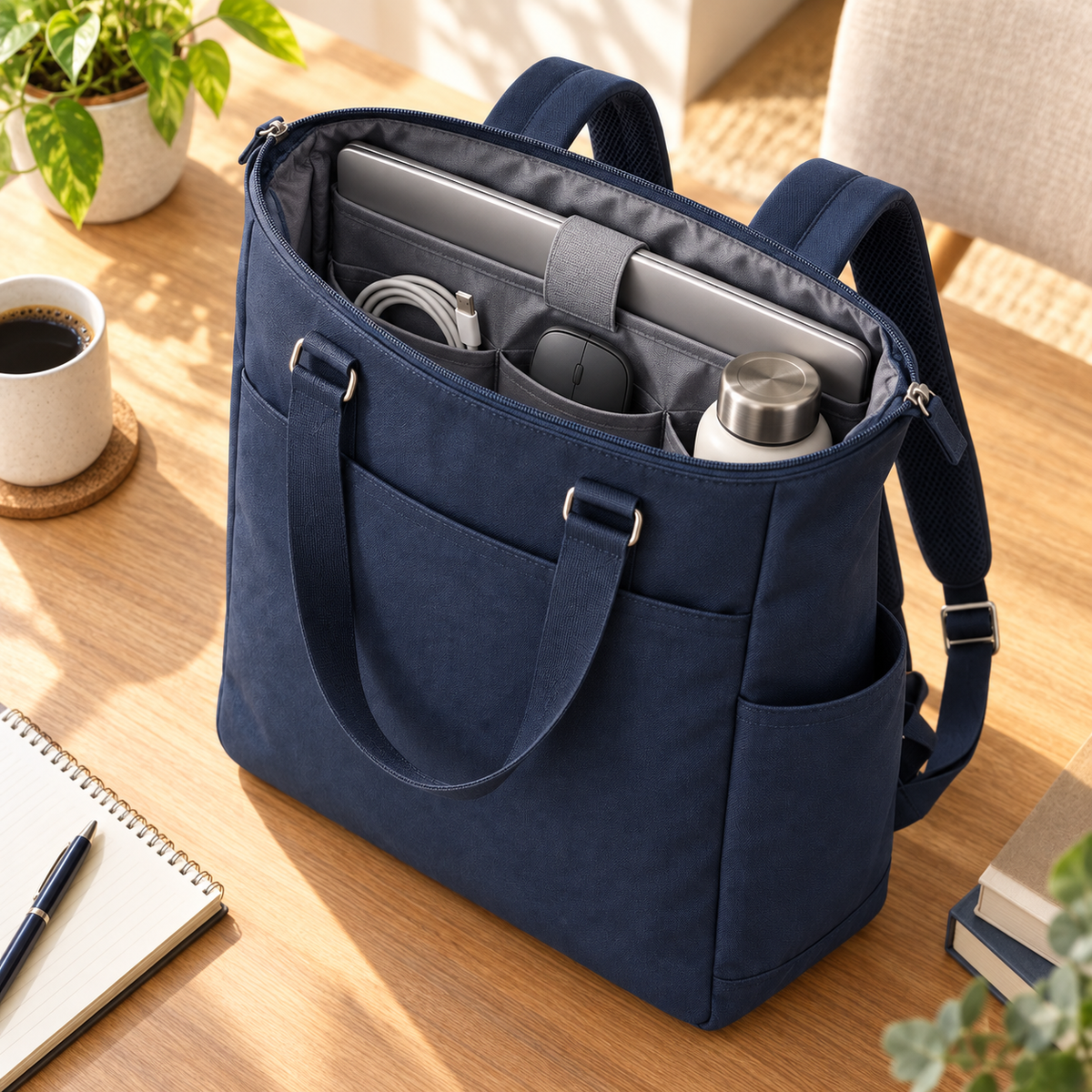 Navy Convertible Laptop Tote Backpack