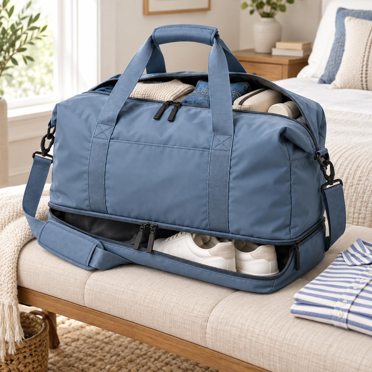 Dusty Blue Weekender Duffel with Shoe Compartment